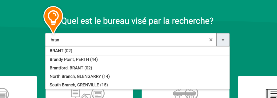 Des caractères sont saisis dans le champ Quel est le bureau visé par la recherche