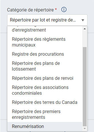 L'option Renumérisation est sélectionnée dans la liste déroulante Catégorie de répertoire